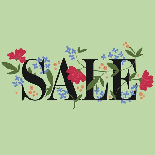 "Sale" in black serif font surrounded by red, blue and yellow flowers on a light green background - Hardwood flooring on special offer from Value Flooring Kitchens & Baths in Cleveland, TN