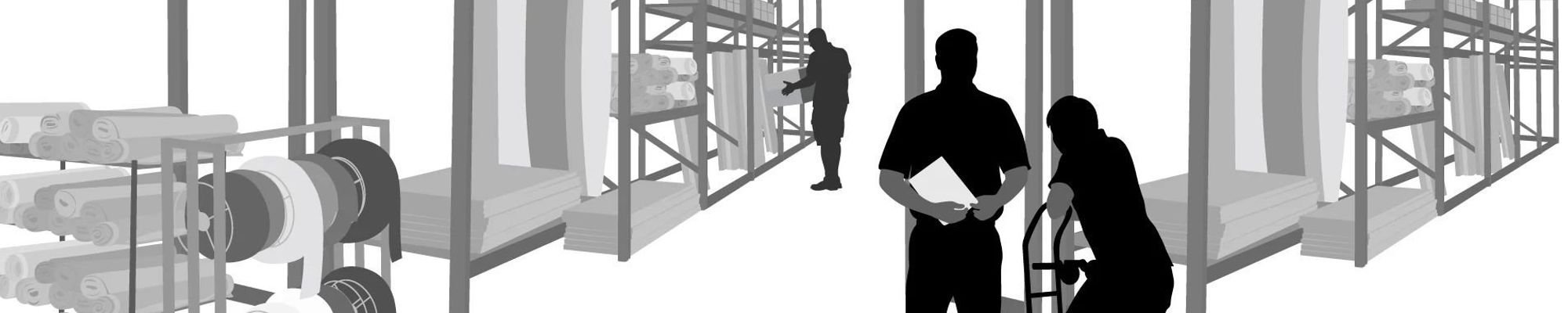 Greyscale graphic of employees in a warehouse with flooring products from Value Flooring Kitchens & Baths in Cleveland, TN